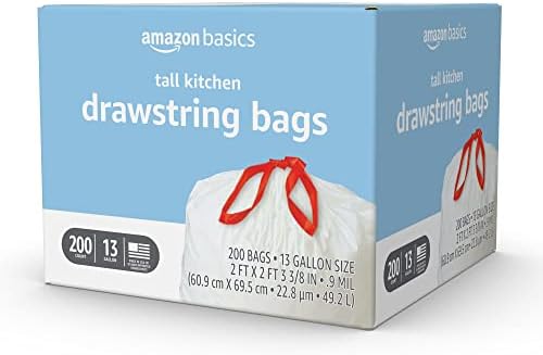 Amazon Basics Scented Trash Bags, Tall Kitchen Drawstring, Clean Fresh Scent, 13 Gallon, 200 Count, Pack of 1