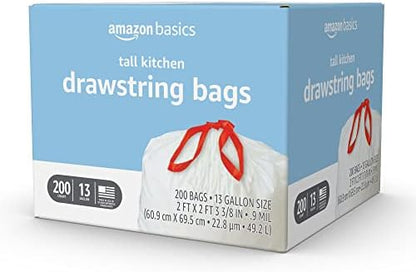Amazon Basics Scented Trash Bags, Tall Kitchen Drawstring, Clean Fresh Scent, 13 Gallon, 200 Count, Pack of 1