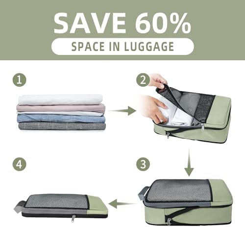 BAGAIL 4 Set/6 Set/8 Set Compression Packing Cubes Travel Accessories Expandable Packing Organizers (Half Mesh, 6-Matcha Green)