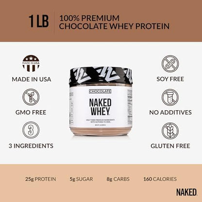 NAKED Chocolate Whey 1LB - All Natural Grass Fed Whey Protein Powder, Organic Cacao, and Coconut Sugar - No GMO, No Soy, and Gluten Free, Aid Growth and Recovery - 12 Servings