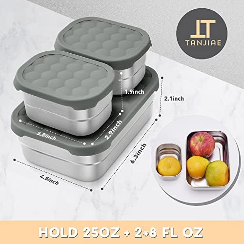 3 CUP+1 CUP Stainless Steel Lunch Snack Containers Set | Leak Proof 304 Stainless Steel Food Containers with Silicone Lids - Perfect Metal Lunch Box for School and Daycare (25oz+8oz*2)