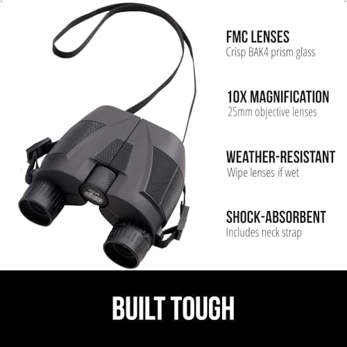 GORILLA GRIP 10x25 Compact Binoculars for Adults with Strap, Superior High Powered Clear 10X Magnification, Lightweight, Bird Watching, Hunting, Stargazing, Adjustable Eye Cups, Black