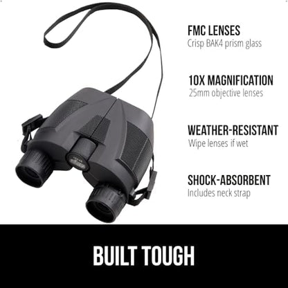 GORILLA GRIP 10x25 Compact Binoculars for Adults with Strap, Superior High Powered Clear 10X Magnification, Lightweight, Bird Watching, Hunting, Stargazing, Adjustable Eye Cups, Black
