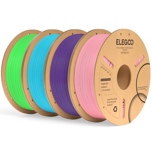 ELEGOO PLA Plus Filament 1.75mm Bundle 4KG, PLA+ Tough 3D Printer Filament Dimensional Accuracy +/- 0.02mm, 4 Pack 1kg Spool(Pink, Purple, Sky Blue, Neon Green)