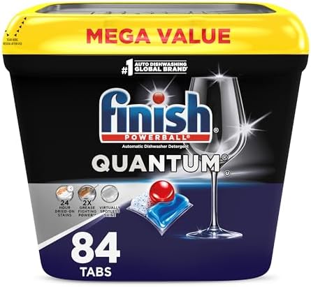 Finish Quantum Dishwasher Pods, No Pre-Rinse Dishwasher Detergent Soap Removes 24HR Dried-On Stain and Grease, Leaving a Virtually Spotless Shine, 84 Count