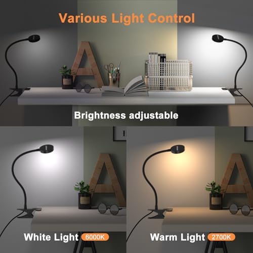 LEPOWER Clip on Light/Reading Lights/Book Light/Desk Lamp Color Changeable/Night Lights Clip on for Desk, Bed Headboard and Computers, Adapter Included (Black)