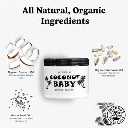 Coconut Essentials Coconut Baby Oil - Natural & Organic Moisturizer, Hair Oil for Cradle Cap Treatment, Newborn Sensitive Skin, Eczema & Psoriasis Relief, Unscented, Sunflower & GrapeSeed 4 floz