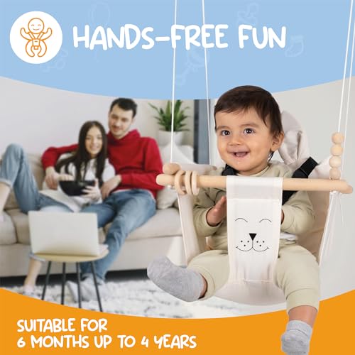 Indoor Outdoor Baby Swing with 3-Point Harness and Hardware for Ceiling, Porch, Doorway, Canvas Baby Swing Outdoor Toddler Swing Seat Beige