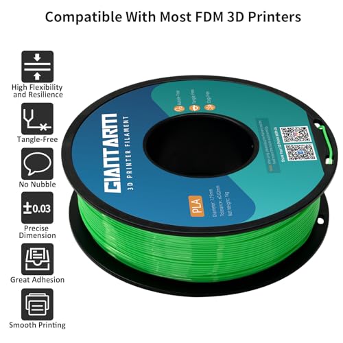 GIANTARM 3D Printer Filament, Green Pla Filament, 1Kg(2.2lbs) Spool, 1.75mm Dimension Accuracy +/- 0.03mm, 3D Printing Filament