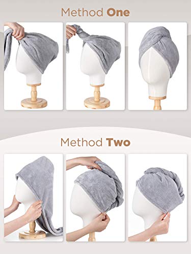 Hicober Microfiber Hair Towel, 3 Packs Hair Turbans for Wet Hair, Drying Hair Wrap Towels for Curly Hair Women Anti Frizz (Grey,Blue,Grey)