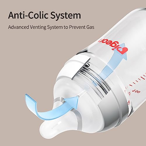 Pigeon Glass Nursing Bottle Wide Neck, Anti-Colic, Streamlined Body, Natural Feel, Easy to Clean, Heat-Resistant, 5.4 Oz(Pack of 2), Includes 2pcs SS Nipples (0m+)