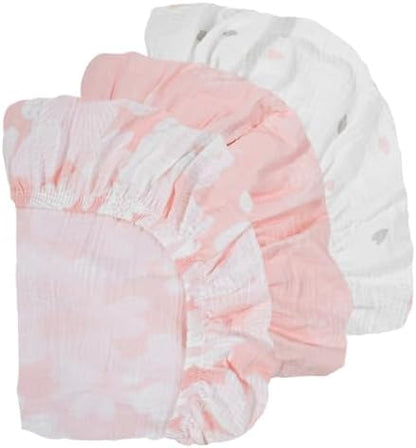 Gllquen Baby Muslin Bassinet Sheets 3 Pack, Breathable Elastic Cozy Fitted Cotton Bassinet Mattress Sheet for Baby Boy Girls, Fit for Hourglass Oval Rectangular Cradle Pad Sheets 33"x17" (Pink)