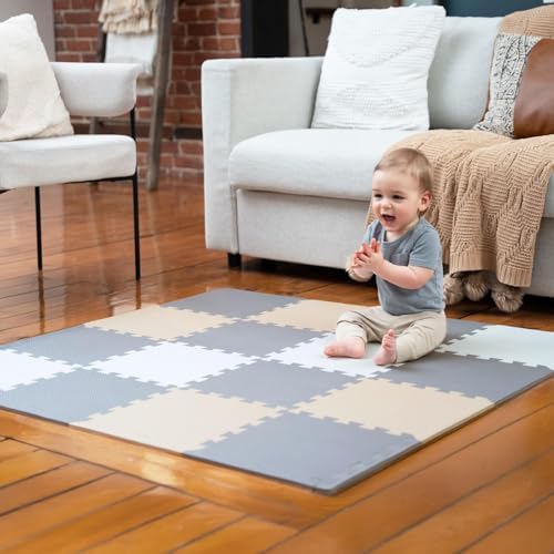 MioTetto Foam Floor Tiles for Kids - Non-Toxic Comfortable Baby Play Mat and Interlocking Foam Tiles, Fits with 50x50 Playpen Mat for Crawling & Development, Soft Play Mat for Babies 6-12 Months