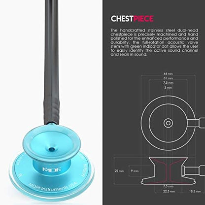MDF Instruments, Acoustica Lightweight Stethoscope for Doctors, Nurses, Students, Home Health Use, Adult, Dual Head, Black Tube, Aqua Chestpiece-Headset, MDF747XPAQ11