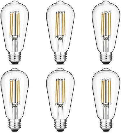 Vintage LED Edison Bulbs 6W, Equivalent 60W Incandescent, Warm White 2700K, ST58 Antique LED Filament Bulbs with 90+ CRI, E26 Medium Base,Dimmable, Clear Glass, Pack of 6