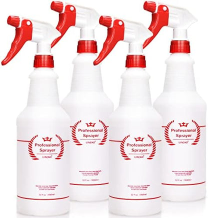 Plastic Spray Bottle (4 Pack, 32 Oz, All-Purpose) Heavy Duty Spraying Bottles Leak Proof Mist Empty Water Bottle for Cleaning Solution Planting Pet with Adjustable Nozzle and Measurements