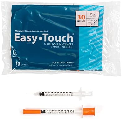 Easy Touch U-100 Insulin Syringe with Needle, 30G 0.5cc 5/16-Inch (8mm), Box of 100