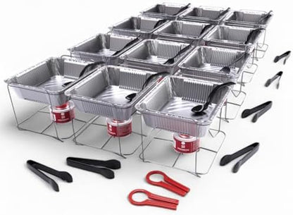 12 Pack - Disposable Chafing Dish Buffet Set, Welded Body Food Warmers for Parties, 2hr Fuel Cans Complete Set, Half Size Pans, Warming Trays