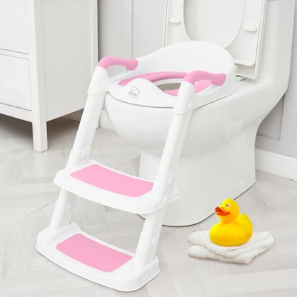 Forbena Potty Training Toilet Seat with Step Stool Ladder, Toddler Kids Potty Seat for Girls, Non Slip Foldable Toilet Training Seat with Soft Cushion, Comfortable Handles (White-Pink)
