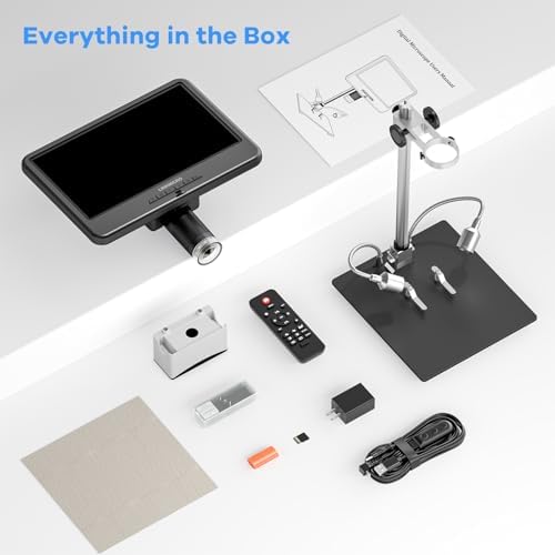 LM210 10.1'' LCD Coin Digital Microscope Full View for Error Coins, Soldering Microscope Camera for Electronics Repair, 260X Adults Coin Magnifier with Lights, [12.6'' Microscope Stand] 32G