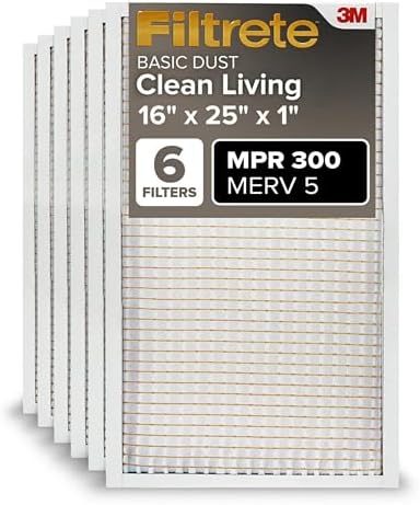 Filtrete 16x25x1 AC Furnace Air Filter, MERV 5, MPR 300, Capture Unwanted Particles, 3-Month Pleated 1-Inch Electrostatic Air Cleaning Filter, 6-Pack (Actual Size 15.69x24.69x0.81 in)