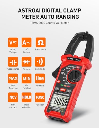 AstroAI Digital Clamp Meter Multimeter 2000 Counts Amp Voltage Tester Auto-ranging with AC/DC Voltage, AC Current, Resistance, Capacitance, Continuity, Live Wire Test, NCV, Black