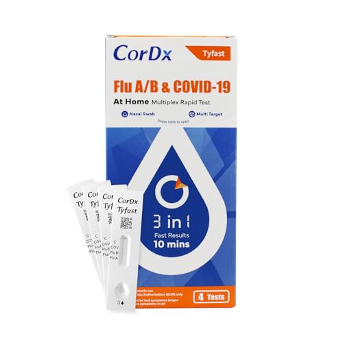 CorDx Tyfast at Home Flu A/B and COVID 19 Rapid Test Kit, Easy, Accurate, Fast Results in 10 Minutes, 4 Tests.