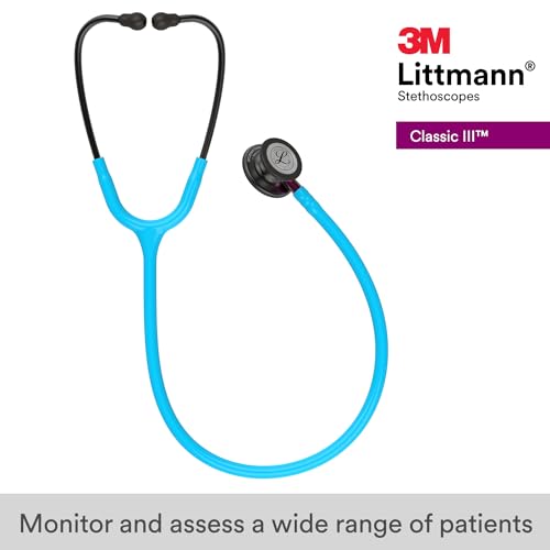 3M Littmann Classic III Monitoring Stethoscope, 5872, More Than 2X as Loud, Weighs Less, Stainless Steel Smoke-Finish Chestpiece, 27" Turquoise Tube, Pink Stem, and Smoke Headset