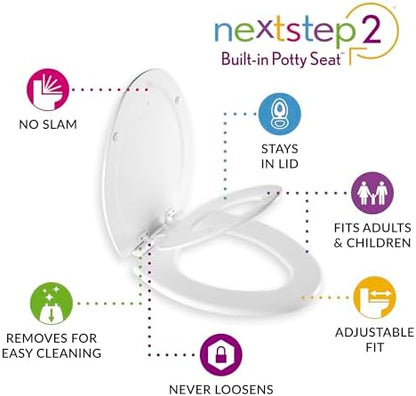 Mayfair NextStep2 Toilet Seat with Toddler Potty Training Seat Built-In, Slow Close, Easy Clean, Magnetic Removable Kids Seat, Made in USA, ELONGATED, White
