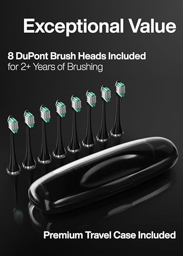 Aquasonic Black Series Ultra Whitening Toothbrush – ADA Accepted Electric Toothbrush- 8 Brush Heads & Travel Case – 40,000 VPM Electric Motor & Wireless Charging - 4 Modes w Smart Timer