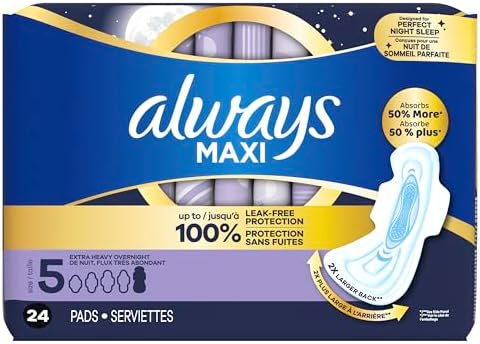 Always Maxi Overnight Pads with Wings for Women, Size 5, Extra Heavy Overnight Absorbency, Unscented, 72 Count (3 Packs of 34)