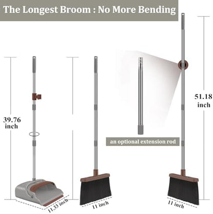 kelamayi Upgrade Broom and Dustpan Set, Self-Cleaning with Dustpan Teeth, Ideal for Dog Cat Pets Home Use, Super Long Handle Upright Stand Up Broom and Dustpan Set (Brown)