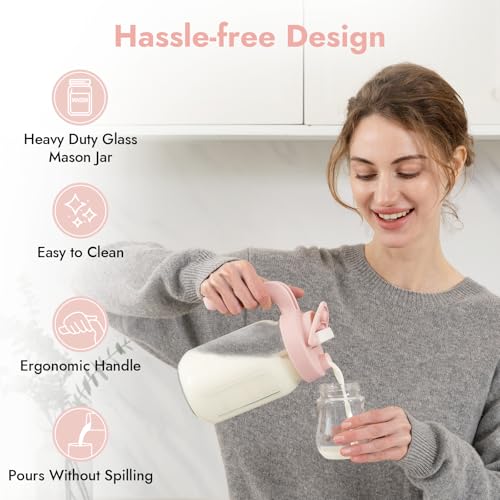 Papablic Glass Breastmilk Pitcher, Formula Mixing Pitcher with Mixing Handle Lid, Wide Mouth Mason Jar Mixer with Flip Locking Spout, Easy to Clean, BPA Free, Pink