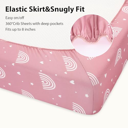 Baby Crib Sheets Girl, 3 Pack Toddler Bed Sheets Fitted for 52”x28” Standard Crib and Toddler Mattresses, Super Soft Microfiber Pink Rainbow
