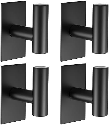 VAEHOLD Wall Towel Hooks, Heavy Duty Sticky Holder Waterproof Towel Hooks for Hanging Coat, Clothes, Closet Hook Wall Mount for Kitchen (Black, 4 Pack)