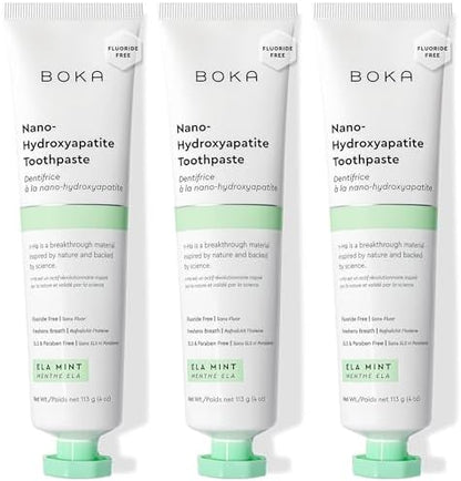 Boka Fluoride Free Toothpaste, Nano Hydroxyapatite Toothpaste, Appropriate for Sensitive Teeth - for Adult, Kids Oral Care - Ela Mint Flavor, 4 Fl Oz 3Pk US Manufactured