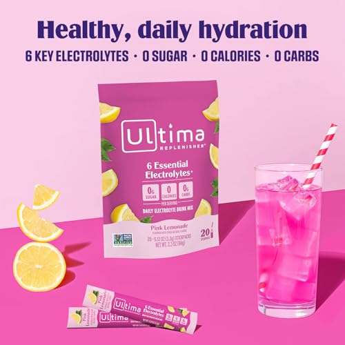 Ultima Replenisher Daily Electrolyte Powder Drink Mix – Sugar Free – Pink Lemonade, 20 Stickpacks – Hydration Packets with 6 Electrolytes and Trace Minerals – Keto Friendly, Vegan, Non-GMO
