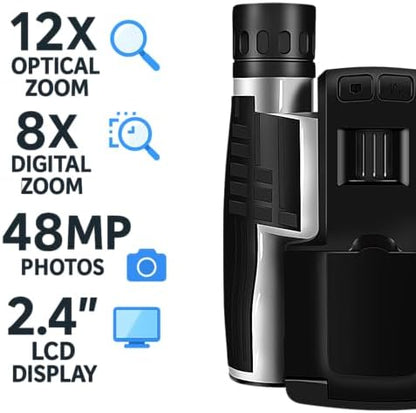 Binoculars with Camera Built in – Digital 12x32 HD Binocular Camera, Tripod Included - 48MP Photos, 2.5K Video, 8X Zoom, with 32GB Memory Card