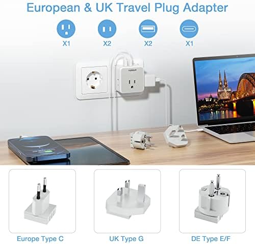 TESSAN All European UK Travel Plug Adapter Kit, International Detachable with 3 Outlet 3 USB Charger (1 USB C), Type C/G/E/F EU Ireland Power Adaptor, US to Europe Italy Spain France Greece
