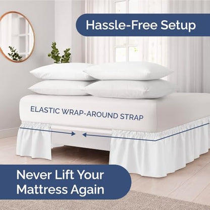 Wrap Around Dust Ruffle Bed Skirt - White - for Queen Size Beds with 15 Inch Drop - Easy Fit Elastic Strap - Adjustable Pleated Bedskirt w/Brushed Fabric - Wrinkle Free - for Women, Men, Kids & Teens
