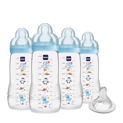 MAM Easy Active Baby Bottles 11 oz with Bonus Nipple, Fast Flow Skinsoft Silicone Nipple with Wide Neck Ergonomic Design, Easy to Hold, BPA-Free Bottles with Leak-Proof Caps for 4+ Months Baby, Boy