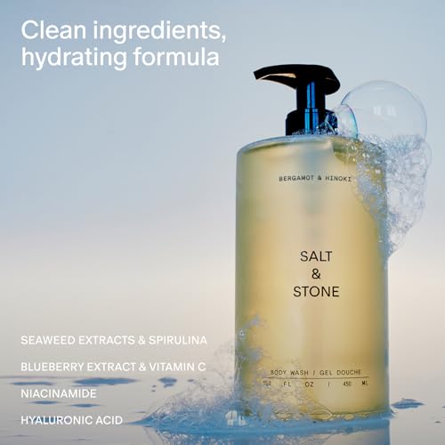 Salt & Stone Body Wash with Antioxidants for Deep Moisture | For Women & Men, Sulfate, Paraben, & Dye Free, Leaving Skin Soft and Hydrated | Bergamot & Hinoki 15.2 fl oz