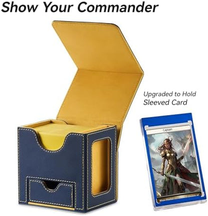 Card Deck Box for MTG Commander - Patented Design, Commander Display, Fits 100 Double-Sleeved Cards, 35pt Card Brick & Dice Tray - Blue/Yellow
