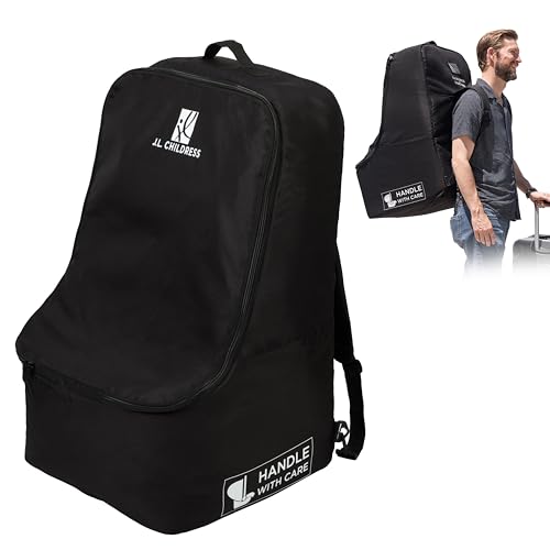 J.L. Childress Padded Backpack Car Seat Bag - Travel Bag for Airplane, Fits Most Baby & Infant Car Seats, Boosters, & Carriers, Accessories for Gate or Baggage Check, AirTag Compatible - Deluxe, Black