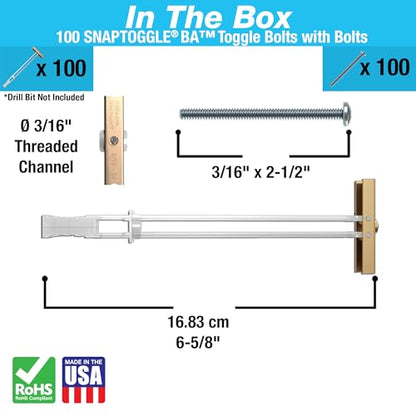 TOGGLER SNAPTOGGLE Heavy-Duty Drywall Toggle Bolt – 3/16"-24 UNC Zinc-Plated Anchor for Hollow Walls, Plaster & Tile – Holds 238 lbs in 1/2" Drywall, Easy Install – 100 Pack (W/Roundhead Bolts)
