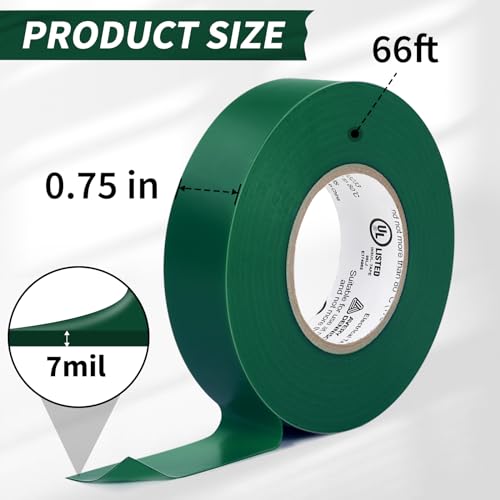 Electrical Tape, 10 Rolls Professional Grade PVC Electric Tape, UL/CSA Listed ¾ in x 66 ft Insulating Vinyl Tape for Electrical, Repairs, Automotive and Equipment, Pro-36C, Green