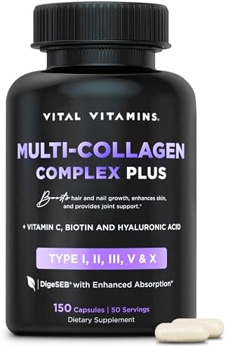 Vital Vitamins Multi Collagen Complex Plus - with Biotin, Hyaluronic Acid, Vitamin C - Type I, II, III, V, X - for Women & Men - Hair, Skin, Nails Beauty Complex - 150 Capsules