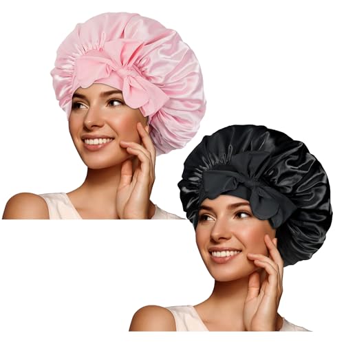 Bonnet Queen 2Pcs Pack Satin Bonnet Silk Bonnet for Sleeping Hair Bonnet with Tie Band Sleep Bonnet Night Cap for Women Curly Hair