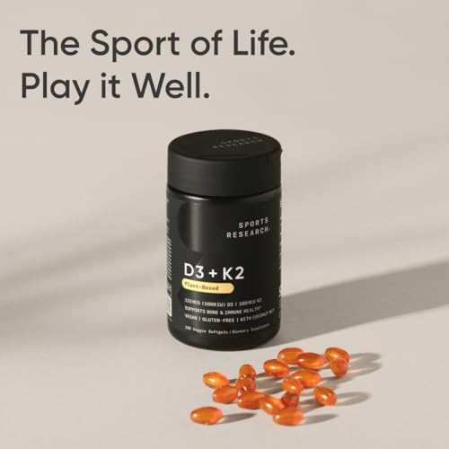 Sports Research® Vitamin D3 + K2 with Coconut MCT Oil | Vegan D3 5000 IU with K2 100 mcg for Bone & Immune Health | Vegan Certified, Soy & Gluten Free - 120 Softgels