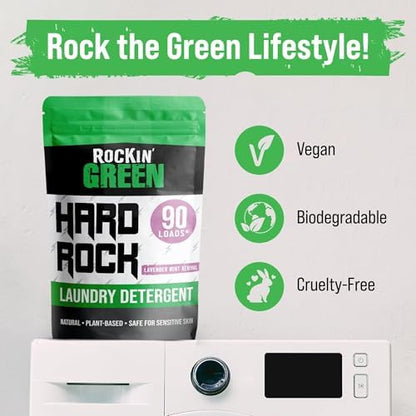 Rockin' Green Hard Rock Laundry Detergent for Hard Water (90 Loads), Plant based, Natural Laundry Detergent Powder, Biodegradable Odor Fighter, Safe for Sensitive Skin, 45 oz (Lavender Mint Revival)
